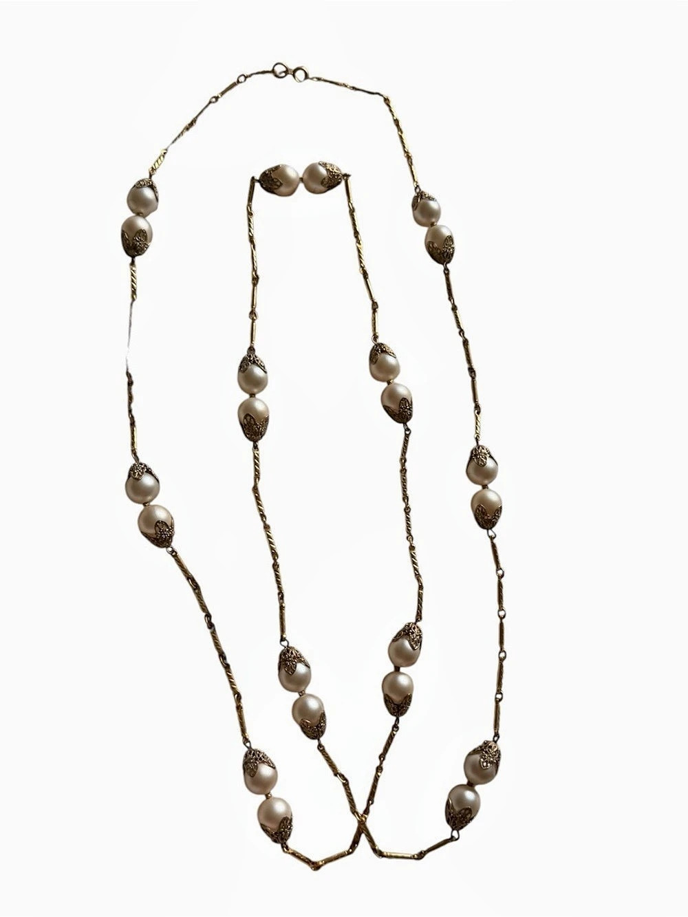 Tammy Jewels Vintage Gold-tone Long Double Wrap Faux Pearl Necklace